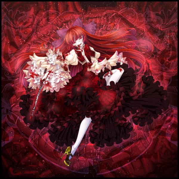 Anime picture 1200x1200 with original rinko (mg54) single long hair red eyes red hair border girl dress bow weapon hair bow sword shoes blood