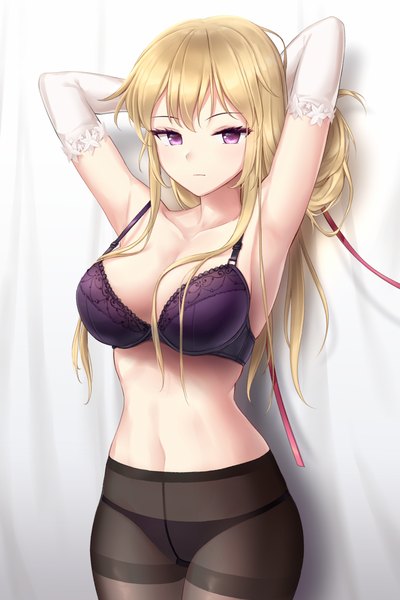 Anime picture 800x1200 with touhou yakumo yukari minust single long hair tall image looking at viewer blush fringe breasts light erotic blonde hair standing purple eyes payot cleavage arms up armpit (armpits) underwear only arms behind head