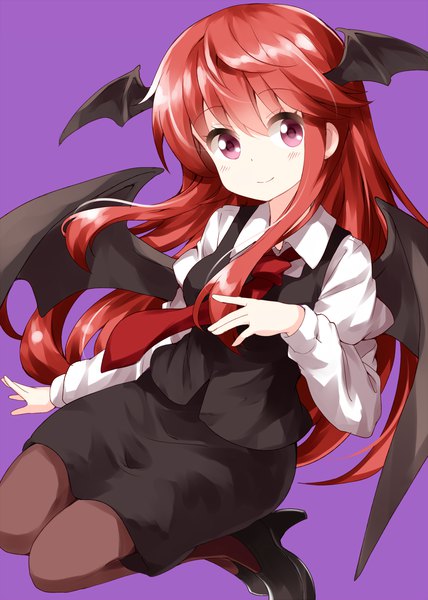 Anime picture 1000x1400 with touhou koakuma ruu (tksymkw) single long hair tall image looking at viewer blush fringe simple background smile hair between eyes sitting red hair pink eyes high heels demon wings head wings purple background girl