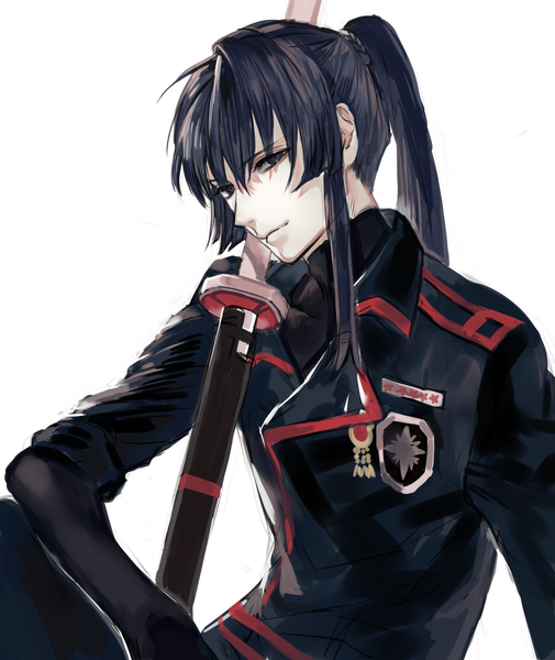 Anime picture 2953x3508 with d.gray-man kanda yuu tito (uku2223) single long hair tall image looking at viewer fringe highres blue eyes black hair simple background hair between eyes white background sitting payot ponytail head tilt light smile sheathed