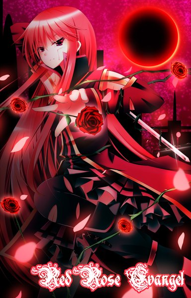 Anime picture 1200x1873 with original akine (kuroyuri) long hair tall image red eyes red hair red moon girl thighhighs dress flower (flowers) black thighhighs detached sleeves rose (roses) blood red rose torn thighhighs