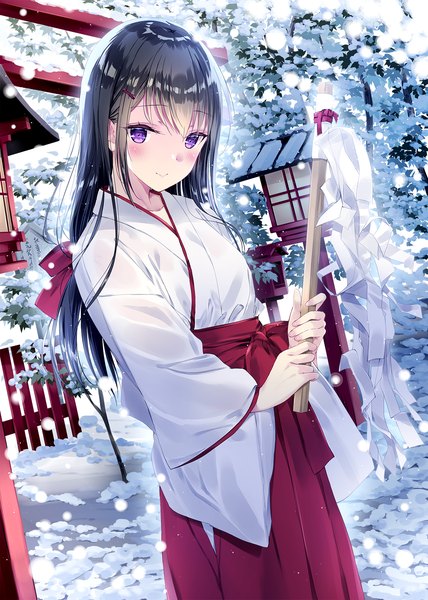 Anime picture 1276x1789 with original kobayashi chisato single long hair tall image looking at viewer blush fringe black hair smile hair between eyes standing purple eyes holding outdoors traditional clothes japanese clothes wide sleeves winter snow