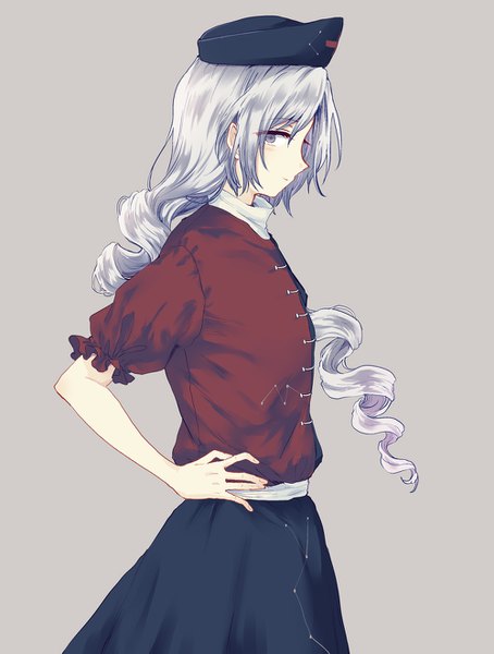 Anime picture 1000x1321 with touhou yagokoro eirin uranaishi (miraura) single long hair tall image looking at viewer simple background silver hair profile grey background grey eyes hand on hip drill hair girl hat