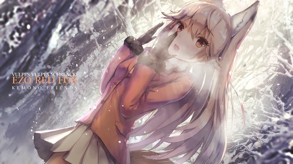 Anime picture 1920x1080 with kemono friends ezo red fox (kemono friends) missle228 single long hair looking at viewer fringe highres open mouth blonde hair hair between eyes wide image animal ears tail animal tail sunlight :o orange eyes dutch angle wallpaper
