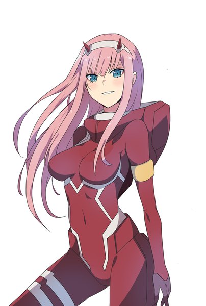 Anime picture 800x1188 with darling in the franxx studio trigger zero two (darling in the franxx) ururu single long hair tall image looking at viewer blush fringe blue eyes simple background smile standing white background pink hair parted lips horn (horns) covered navel girl