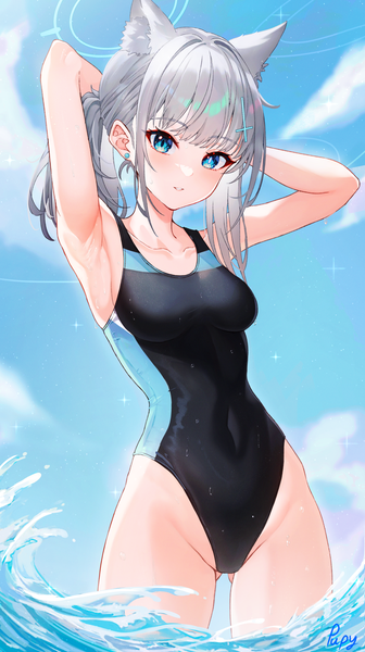 Anime-Bild 1008x1801 mit blue archive shiroko (blue archive) shiroko (swimsuit) (blue archive) pupy exe single tall image looking at viewer blush fringe short hair blue eyes light erotic standing animal ears silver hair cloud (clouds) outdoors blunt bangs arms up armpit (armpits)