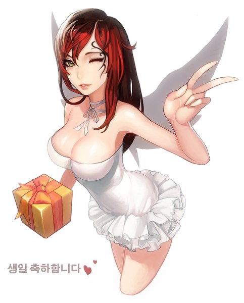 Anime picture 967x1200 with original sakusaku (frostce) single long hair tall image looking at viewer fringe highres breasts light erotic simple background large breasts white background bare shoulders green eyes cleavage red hair one eye closed fingernails from above