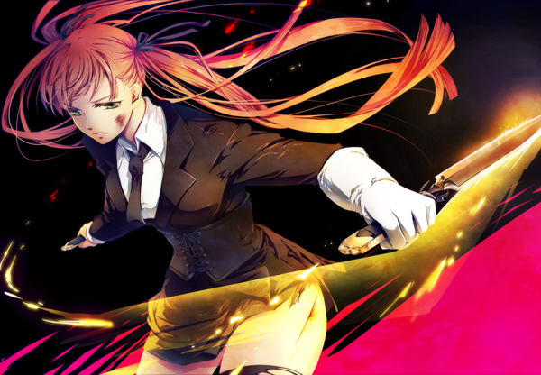 Anime picture 1935x1344 with arcana famiglia felicita single long hair fringe highres breasts brown hair twintails glowing scar fighting stance girl skirt ribbon (ribbons) weapon hair ribbon necktie blood suit