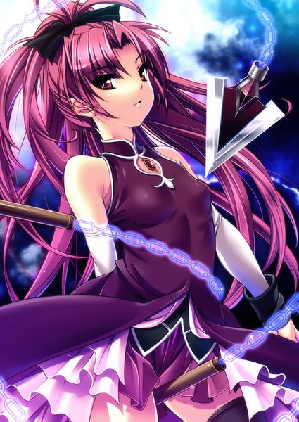 Anime picture 1200x1695 with mahou shoujo madoka magica shaft (studio) sakura kyouko rakujin single long hair tall image red eyes ponytail red hair girl weapon detached sleeves chain