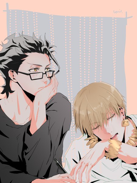 Anime picture 600x800 with fate (series) fate/grand order gilgamesh (fate) diarmuid ua duibhne (lancer) (fate) saryo tall image blush fringe short hair open mouth black hair blonde hair hair between eyes yellow eyes looking away eyes closed arm support multiple boys sleeping bespectacled