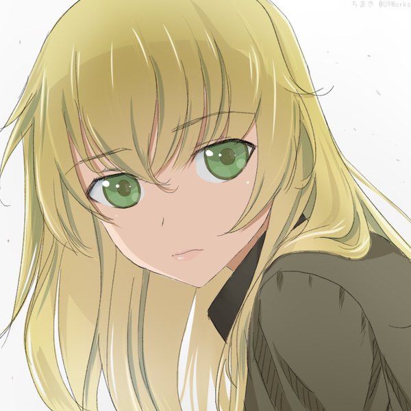 Anime picture 1024x1024 with girls und panzer carpaccio (girls und panzer) akagi (fmttps) single long hair looking at viewer fringe simple background blonde hair hair between eyes white background green eyes signed upper body portrait girl