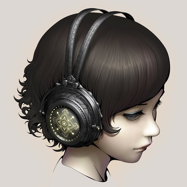 Anime picture 1000x1000 with real life kitty barracuda chesterocampo single short hair blue eyes black hair simple background looking away lips grey background portrait face eyeshadow girl headphones