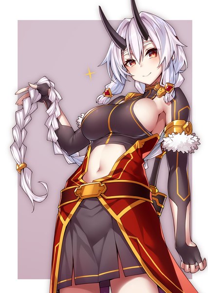 Anime picture 640x900 with fate (series) fate/grand order tomoe gozen (fate) alexander (fate/grand order) kodama yuu single long hair tall image looking at viewer blush fringe breasts light erotic simple background hair between eyes red eyes standing holding silver hair braid (braids)