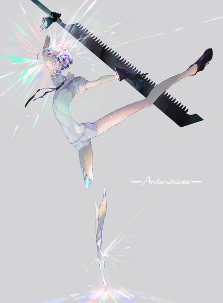 Anime picture 1115x1510 with houseki no kuni antarcticite kibadori rue single tall image short hair blue eyes simple background purple hair full body profile arm up grey background puffy sleeves character names shiny androgynous amputee long legs gloves