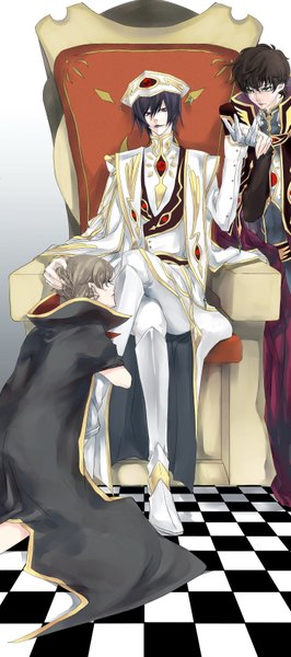 Anime picture 1500x3374 with code geass sunrise (studio) lelouch lamperouge kururugi suzaku rolo lamperouge ying (artist) tall image short hair blonde hair brown hair sitting purple eyes green eyes purple hair holding hands checkered boy gloves uniform earrings