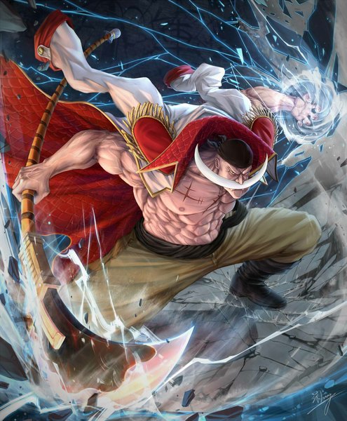 Anime picture 1316x1595 with one piece toei animation edward newgate liang jian single tall image standing holding signed full body scar muscle clothes on shoulders serious abs shirtless crack boy weapon pants