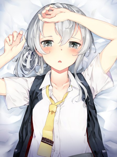 Anime picture 900x1208 with kantai collection nowaki (kantai collection) somalisu single long hair tall image blush fringe open mouth hair between eyes silver hair lying hair bun (hair buns) hand on head open collar silver eyes asymmetrical hair girl uniform school uniform