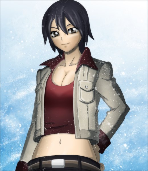 Anime picture 1300x1500 with fairy tail ur gray fullbuster (artist) single tall image short hair black hair light smile black eyes midriff coloring snowing girl