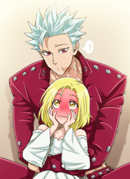 Anime picture 725x1000 with nanatsu no taizai a-1 pictures ban (nanatsu no taizai) elaine (nanatsu no taizai) animegirl2012 tall image blush short hair blonde hair simple background red eyes sitting bare shoulders yellow eyes silver hair upper body parted lips wide sleeves embarrassed hug
