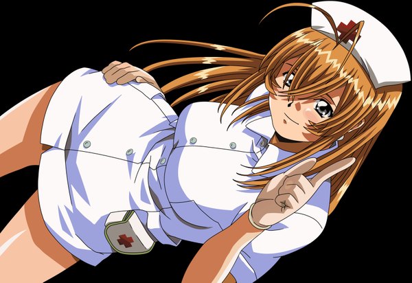 Anime picture 3457x2377 with ikkitousen sonsaku hakufu single long hair looking at viewer blush highres light erotic simple background absurdres ahoge light smile orange hair grey eyes black background vector nurse girl gloves uniform