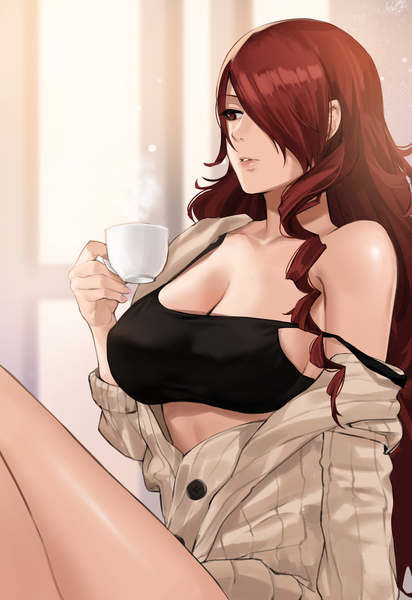 Anime picture 2805x4079 with persona 3 persona kirijou mitsuru j@ck single long hair tall image fringe highres breasts light erotic red eyes large breasts sitting holding looking away cleavage red hair indoors parted lips
