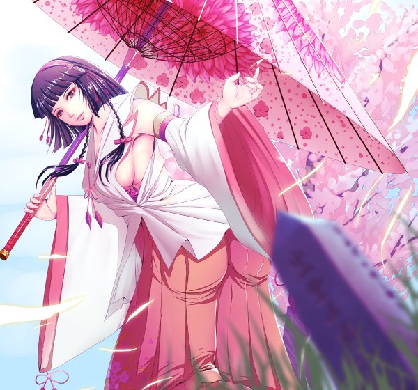 Anime picture 1199x1120 with sengoku musou warriors orochi (game) okuni (samurai warriors) harihisa single long hair light erotic black hair brown eyes braid (braids) japanese clothes twin braids girl hair ornament plant (plants) detached sleeves tree (trees) umbrella