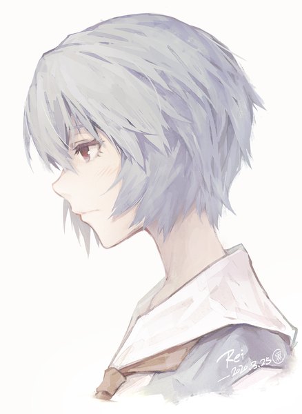 Anime picture 1737x2378 with neon genesis evangelion gainax ayanami rei kuroyume (96061617) single tall image fringe highres short hair simple background hair between eyes red eyes white background upper body profile grey hair character names dated portrait girl