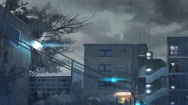 Anime picture 1280x720 with original gom jabbar wide image sky city glowing rain cityscape no people landscape plant (plants) tree (trees) wire (wires) lamp power lines traffic lights