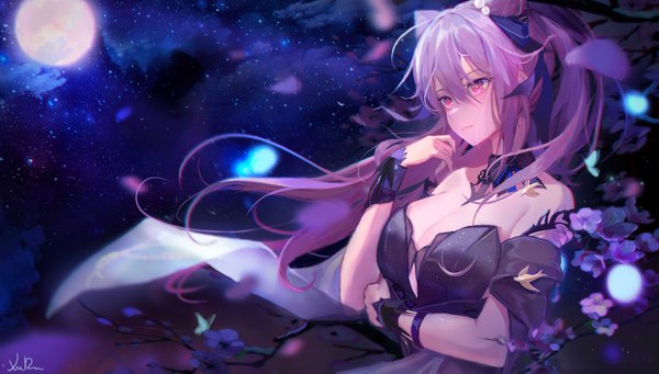 Anime picture 6170x3508 with genshin impact keqing (genshin impact) keqing (opulent splendor) (genshin impact) xude single long hair fringe highres breasts hair between eyes wide image large breasts signed looking away absurdres cleavage purple hair pink eyes wind night