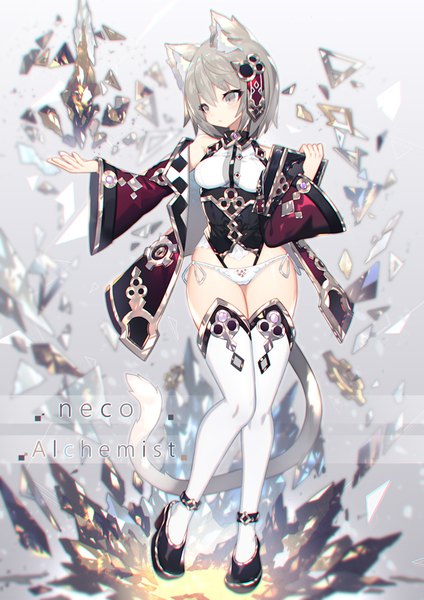 Anime picture 566x800 with original mamuru single tall image short hair breasts light erotic simple background large breasts standing holding animal ears looking away full body tail animal tail grey hair cat ears inscription grey background