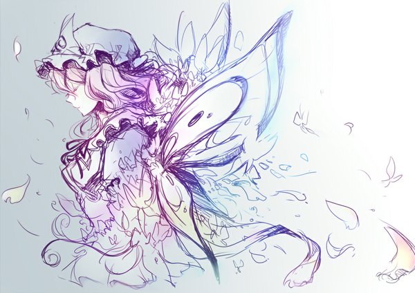 イラスト 1000x707 と 東方 西行寺幽々子 ria ソロ 短い髪 simple background eyes closed insect wings butterfly wings 女の子 花弁 虫 蝶 ボンネット