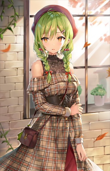 Anime picture 900x1400 with original yukari (momoko) momoko (momopoco) single long hair tall image blush fringe breasts open mouth hair between eyes standing bare shoulders brown eyes payot looking away ahoge braid (braids) green hair twin braids