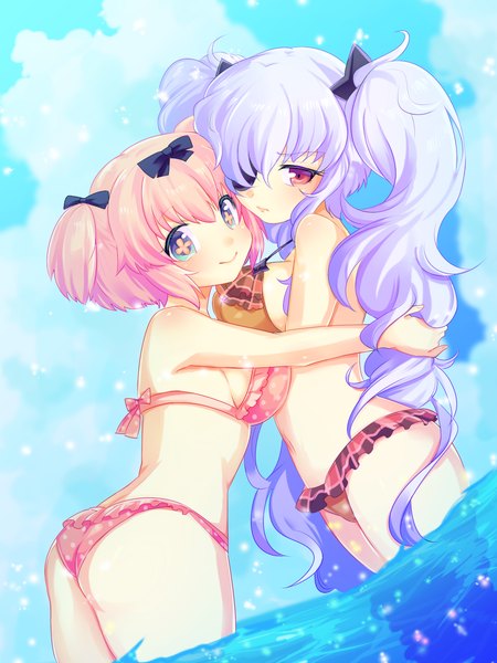 Anime picture 1080x1440 with senran kagura yagyuu (senran kagura) hibari (senran kagura) miyukiyo long hair tall image looking at viewer blush short hair blue eyes light erotic smile red eyes twintails multiple girls pink hair sky silver hair cloud (clouds) hug