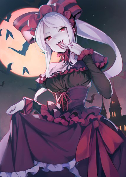 Anime picture 2311x3250 with overlord (maruyama) madhouse shalltear bloodfallen ataruman single long hair tall image looking at viewer fringe highres breasts open mouth smile red eyes holding payot sky silver hair outdoors ponytail