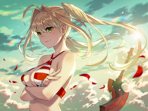 Anime picture 1333x1000 with fate (series) fate/grand order fate/extra nero claudius (fate) (all) nero claudius (swimsuit caster) (fate) kusano shinta single long hair looking at viewer blush fringe breasts light erotic blonde hair smile hair between eyes twintails bare shoulders green eyes payot