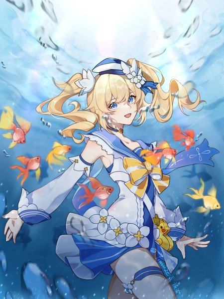 Anime picture 1440x1920 with genshin impact barbara (genshin impact) barbara (summertime sparkle) (genshin impact) gsuh4727 single long hair tall image looking at viewer fringe open mouth blue eyes blonde hair hair between eyes twintails :d official alternate costume underwater sailor collar girl hat