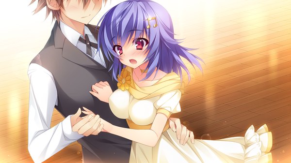 Anime picture 1280x720 with shukufuku no kane no oto wa nishikujou kanon anapom blush short hair open mouth red eyes wide image blue hair game cg couple girl dress boy hair ornament