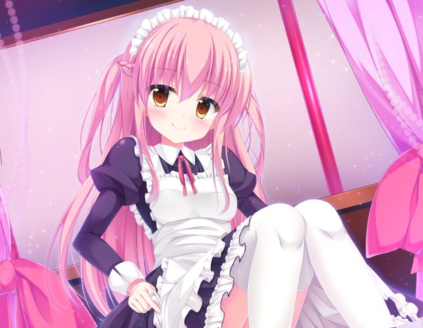Anime picture 2782x2160 with original takuma ss single long hair looking at viewer blush fringe highres smile hair between eyes sitting twintails yellow eyes payot pink hair head tilt from below maid dutch angle puffy sleeves