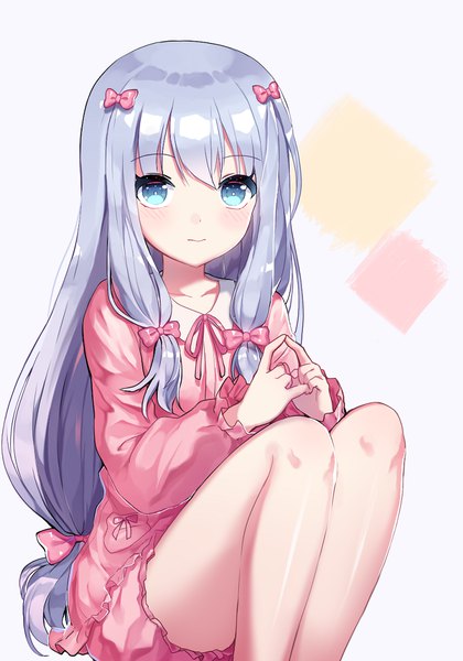 Anime picture 732x1046 with eromanga sensei a-1 pictures izumi sagiri mechuragi single long hair tall image blush fringe blue eyes sitting silver hair bent knee (knees) shiny skin tress ribbon girl bow ribbon (ribbons) hair bow hair ribbon