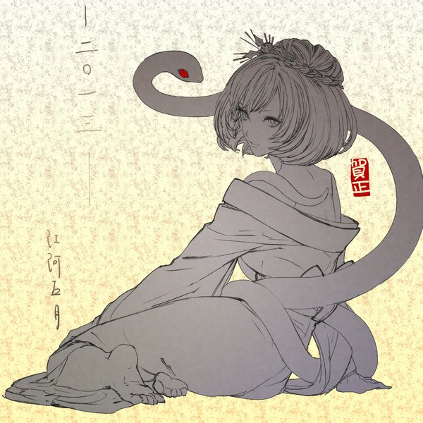 Anime picture 1000x1000 with touhou yasaka kanako egawa satsuki single fringe short hair sitting full body traditional clothes japanese clothes looking back barefoot off shoulder hieroglyph monochrome soles girl toes yukata snake