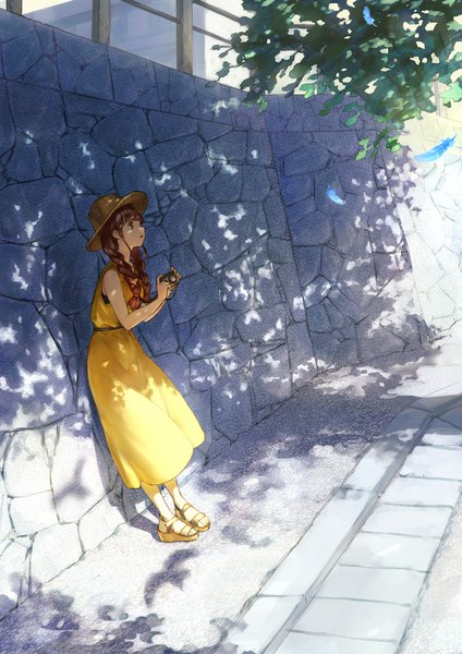 Anime picture 826x1169 with original nemoto yuuma single long hair tall image brown hair standing brown eyes payot looking away full body outdoors braid (braids) sleeveless twin braids summer against wall girl dress hat