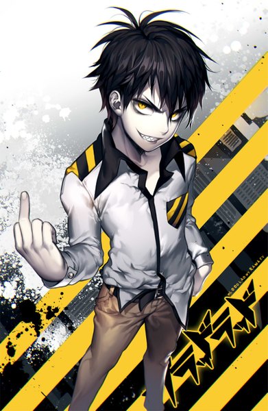 Anime picture 835x1280 with blood lad brains base (studio) charlie blood staz kawacy single tall image looking at viewer short hair black hair smile signed yellow eyes from above teeth copyright name sharp teeth white skin boy detached sleeves pants