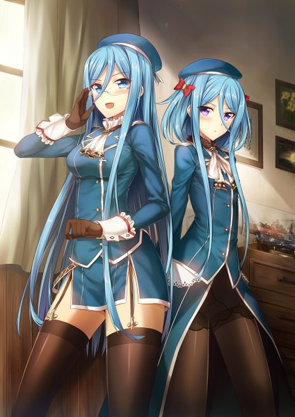 Anime picture 900x1273 with kantai collection aoki hagane no arpeggio takao (aoki hagane no arpeggio) atago (aoki hagane no arpeggio) luzi (coffee-straw-luzi) long hair tall image blush open mouth blue eyes purple eyes multiple girls blue hair cosplay takao (kantai collection) (cosplay) atago (kantai collection) (cosplay) girl thighhighs gloves black thighhighs