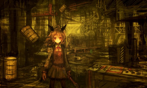 Anime picture 1920x1152 with lm7 (op-center) single highres red eyes brown hair wide image mechanical girl dress gloves key wrench