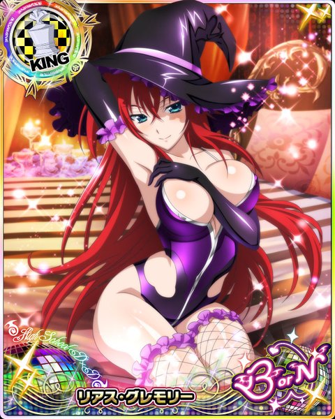 Anime picture 640x800 with highschool dxd rias gremory single tall image looking at viewer blush breasts blue eyes light erotic large breasts red hair very long hair card (medium) girl thighhighs gloves hat black gloves elbow gloves witch hat