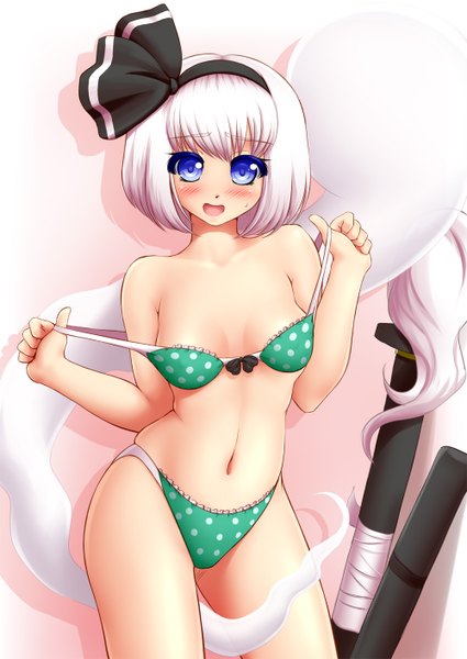 Anime picture 1000x1412 with touhou konpaku youmu myon mazume single tall image looking at viewer blush short hair breasts open mouth blue eyes light erotic bare shoulders cleavage white hair light smile bare belly embarrassed underwear only