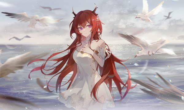 Anime picture 3500x2095 with arknights surtr (arknights) nininisama single long hair looking at viewer fringe highres smile hair between eyes wide image standing purple eyes absurdres sky outdoors red hair horn (horns) alternate costume horizon