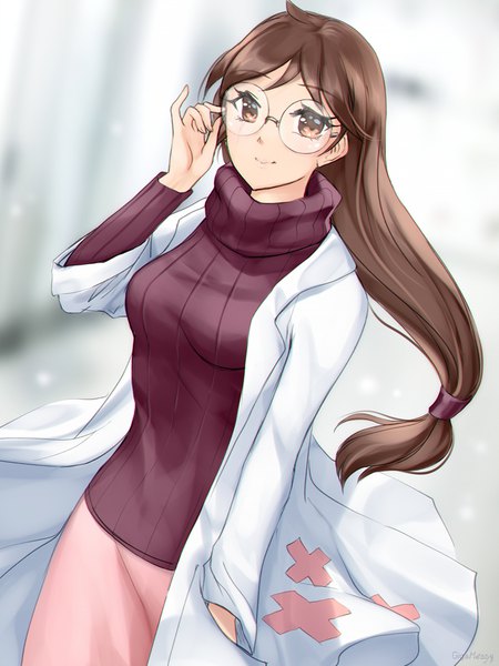 Anime picture 750x1000 with original gigamessy single long hair tall image looking at viewer fringe smile brown hair standing brown eyes ahoge floating hair low ponytail hand in pocket adjusting glasses pinky out girl glasses sweater