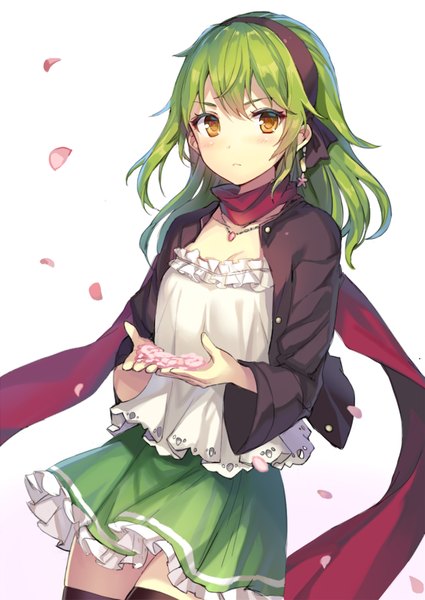 Anime picture 600x846 with original momoko (momopoco) single long hair tall image looking at viewer blush simple background white background brown eyes green hair wind girl thighhighs skirt black thighhighs miniskirt petals hairband scarf