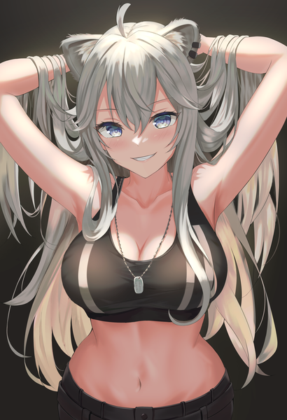 Anime picture 2692x3936 with virtual youtuber hololive shishiro botan shishiro botan (3rd costume) gyuu single long hair tall image looking at viewer blush fringe highres breasts light erotic simple background smile hair between eyes large breasts standing animal ears